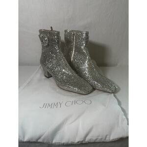 JIMMY CHOO Ankle Boot Glittery Silver Leather Size 39.5 - Never worn Outside